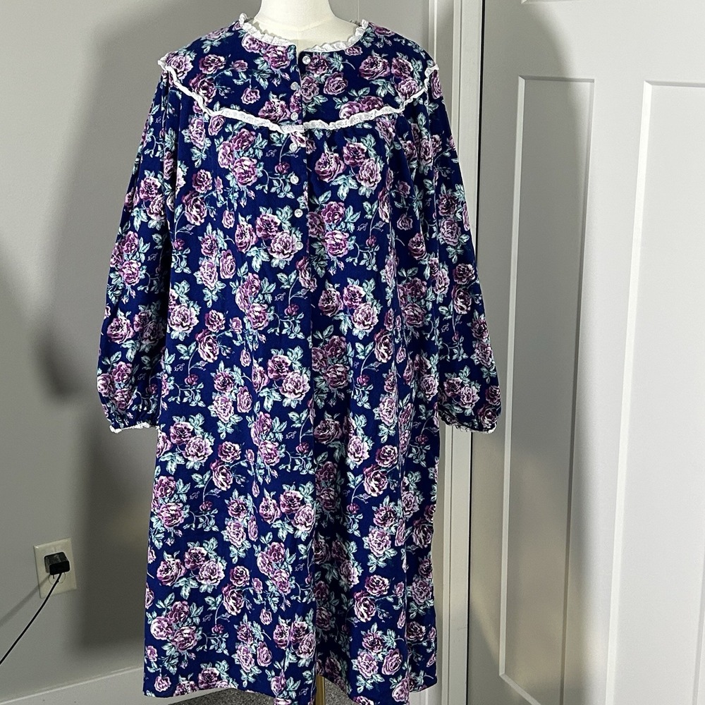 Lanz Of Salzburg Nantucket Rose Cotton Flannel Nightgown Women's L Blue Floral
